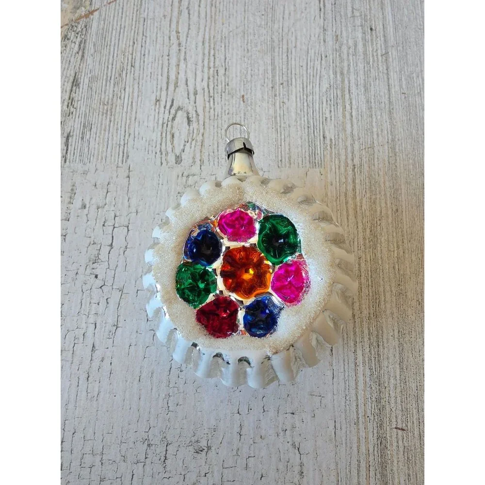Vintage Czech flocked indent colorful white ornament Xmas‎ tree